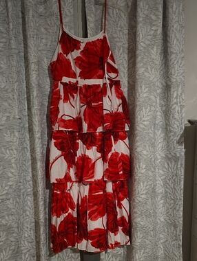 Karl Lagerfeld Red Floral Tiered Midi Dress